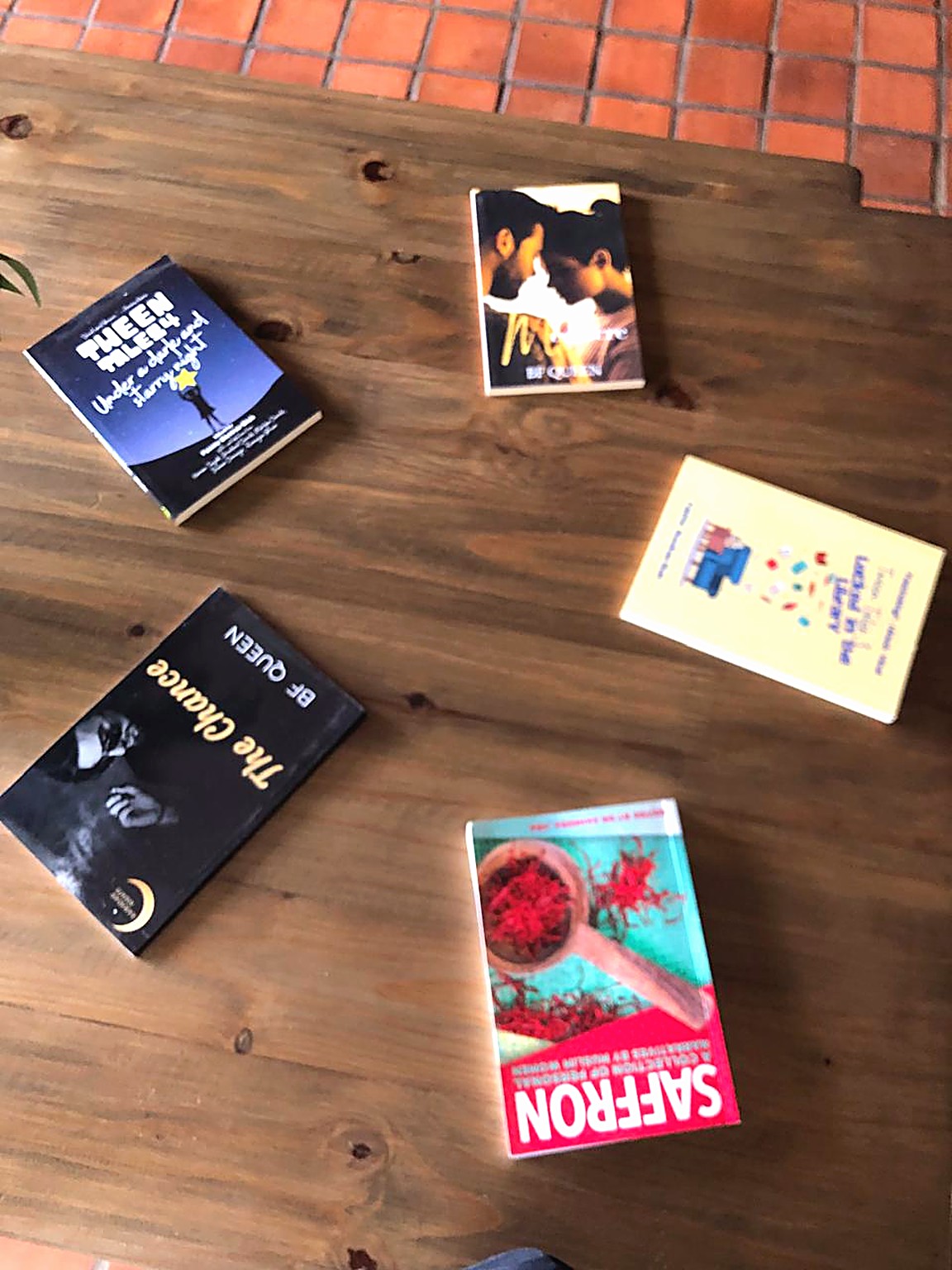 Fatima's published books scattered across a wooden table