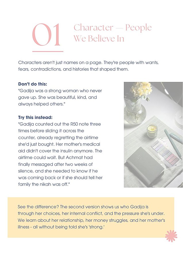 A page from the guide on writing believable characters, with don't-do-this and try-this-instead examples